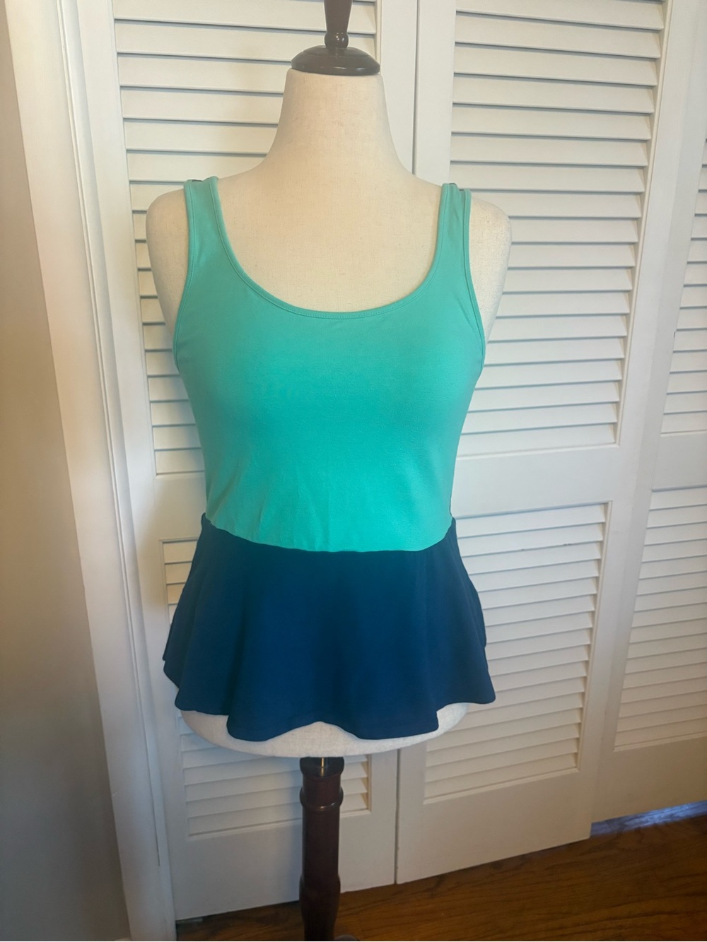 Express Two-Tone Peplum Tank Top in Aqua and Navy